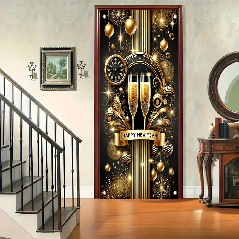 TOMHONG Happy New Year Champagne Toast Door Cover Decoration 71x35 Inch Gold Black SparkleTheme Party Banner for New Years Eve Wall Decor Festive NYE Holiday Supplies Photo Prop - Image 4